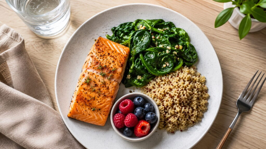 Healthy pregnancy meal with baked salmon, spinach, quinoa, mixed berries, and water for balanced prenatal nutrition
