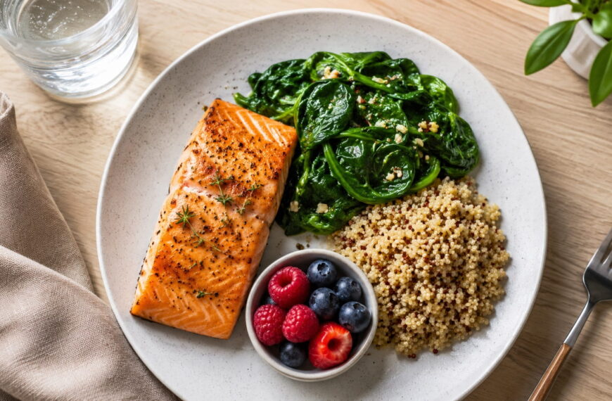 Healthy pregnancy meal with baked salmon, spinach, quinoa, mixed berries, and water for balanced prenatal nutrition
