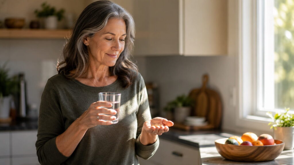 Woman in her 50s taking a multivitamin with a glass of water in a bright kitchen - Best multivitamin for women over 50