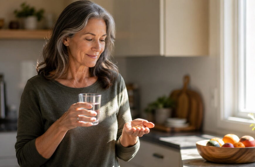 Woman in her 50s taking a multivitamin with a glass of water in a bright kitchen