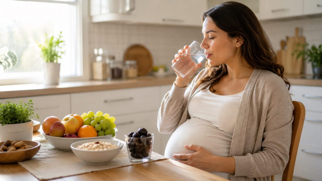 Pregnant woman drinking water with prunes, oats, fruit, and other high-fiber foods for safe constipation relief during pregnancy