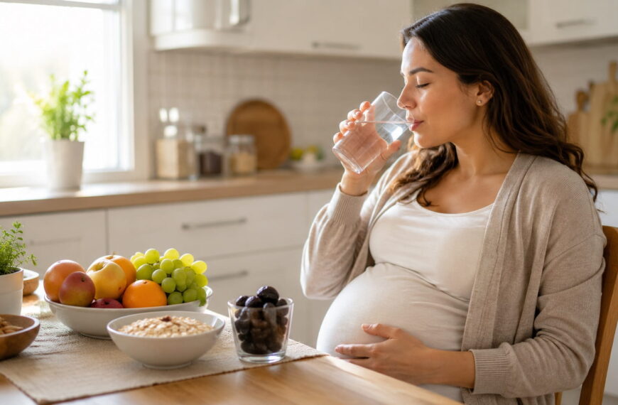 Pregnant woman drinking water with prunes, oats, fruit, and other high-fiber foods for safe constipation relief during pregnancy