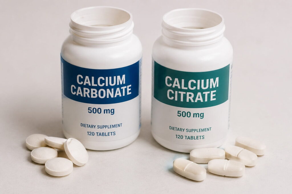 Calcium carbonate and calcium citrate supplement bottles with tablets, showing two common calcium supplement forms used during pregnancy.