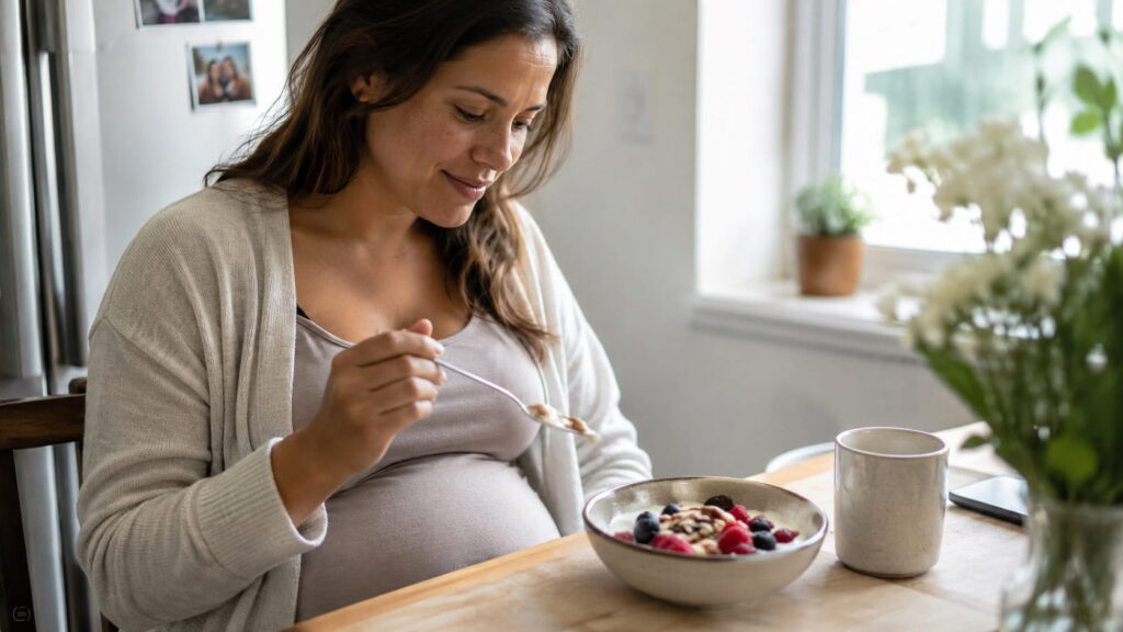 Pregnant woman enjoying a bowl of Greek yogurt with berries and almonds at home as part of a calcium-rich breakfast.