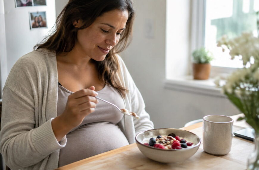 Pregnant woman enjoying a bowl of Greek yogurt with berries and almonds at home as part of a calcium-rich breakfast.