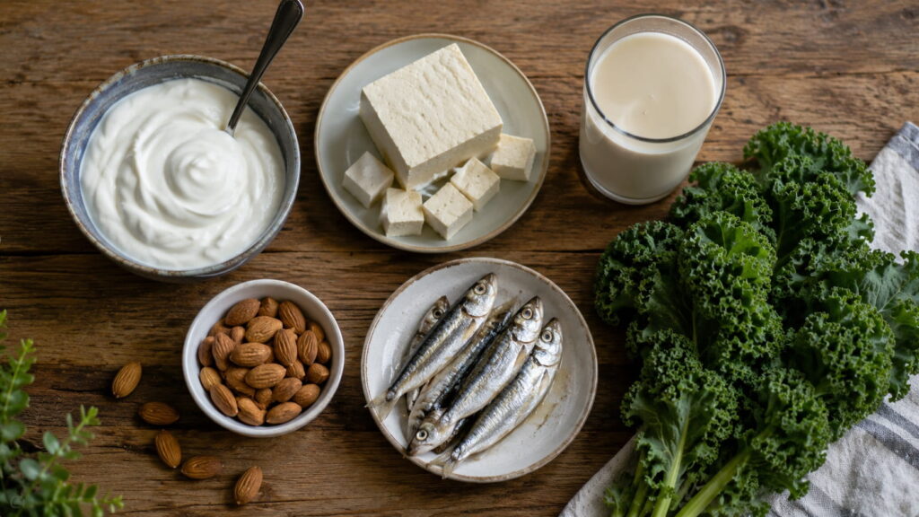 Flat-lay of Greek yogurt, tofu, almonds, sardines, fortified plant milk, and kale, all excellent dietary sources of calcium during pregnancy