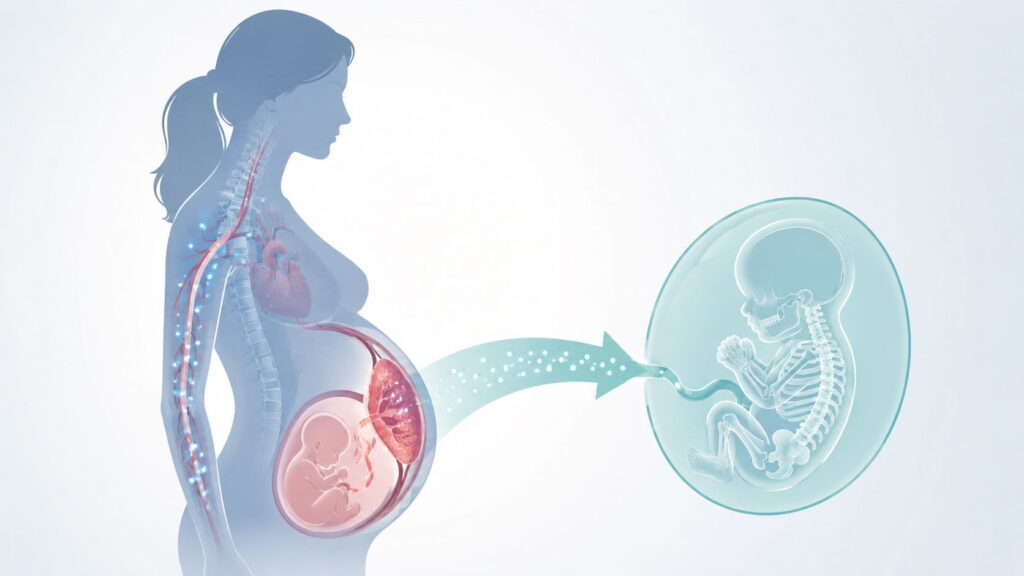 Medical illustration showing calcium moving from a pregnant mother to her developing baby through the placenta.