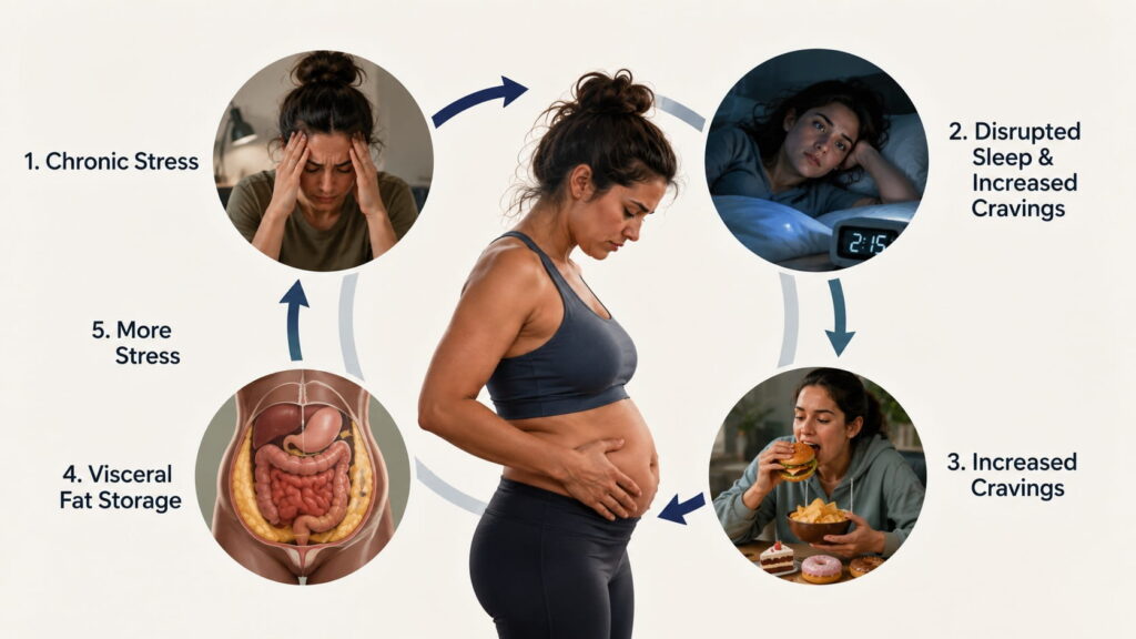 The cortisol belly fat cycle: chronic stress leads to elevated cortisol, which disrupts sleep and increases cravings, which drives visceral fat storage, which feeds back into more stress.