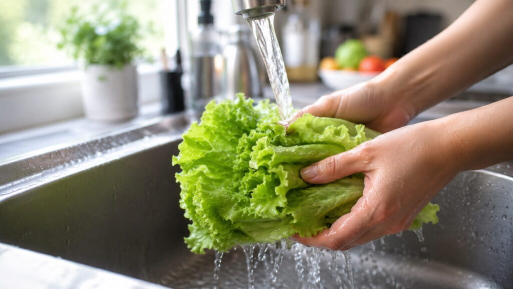 Fresh lettuce being washed under running water to reduce cyclosporiasis (cyclospora) contamination risk during the 2026 outbreak
