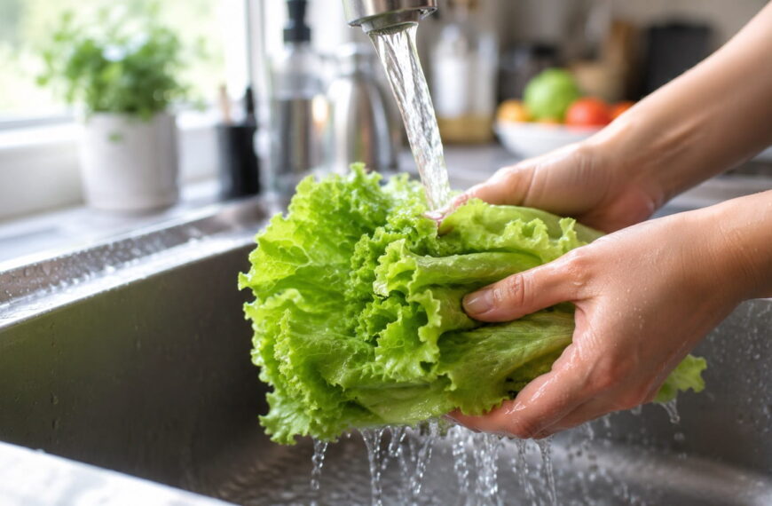 Fresh lettuce being washed under running water to reduce cyclosporiasis (cyclospora) contamination risk during the 2026 outbreak