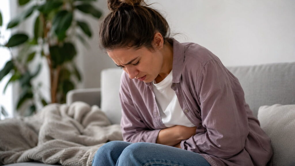 Woman experiencing stomach cramps and abdominal pain, a common early symptom of cyclosporiasis (cyclospora) infection