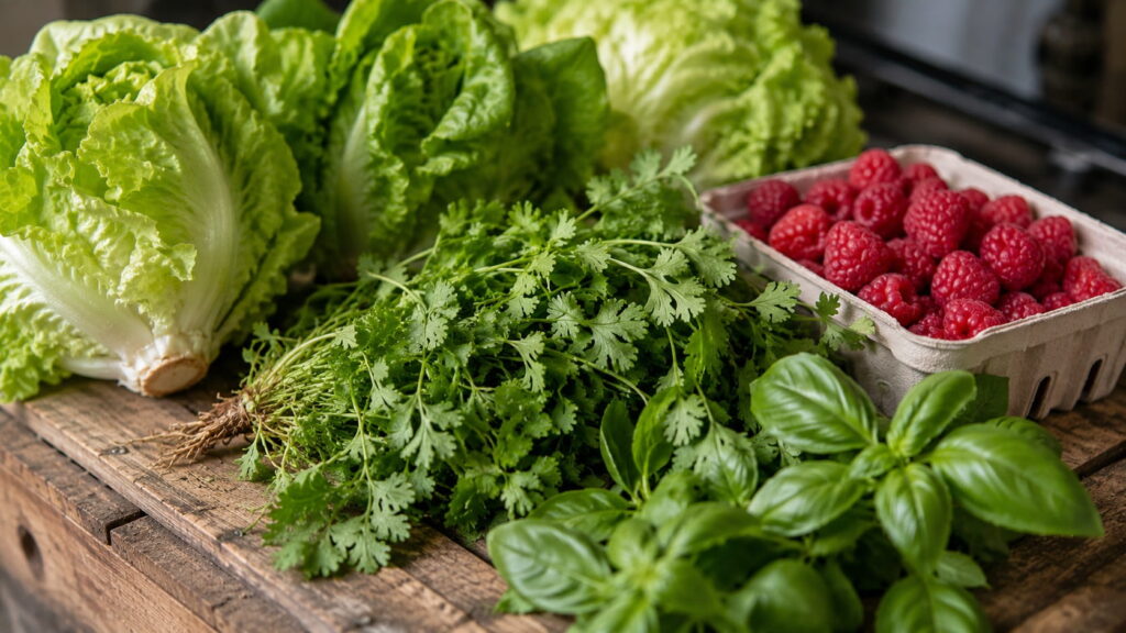 Fresh romaine lettuce, cilantro, basil, and raspberries on a wooden crate — high-risk foods to avoid during a cyclosporiasis outbreak