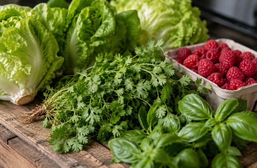 Fresh romaine lettuce, cilantro, basil, and raspberries on a wooden crate — high-risk foods to avoid during a cyclosporiasis outbreak