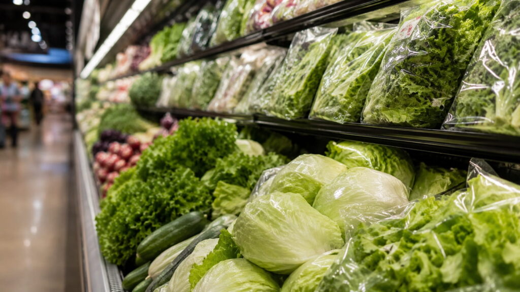 Iceberg lettuce and bagged salad greens on a grocery store shelf, the produce linked to the explosive diarrhea parasite outbreak in the US