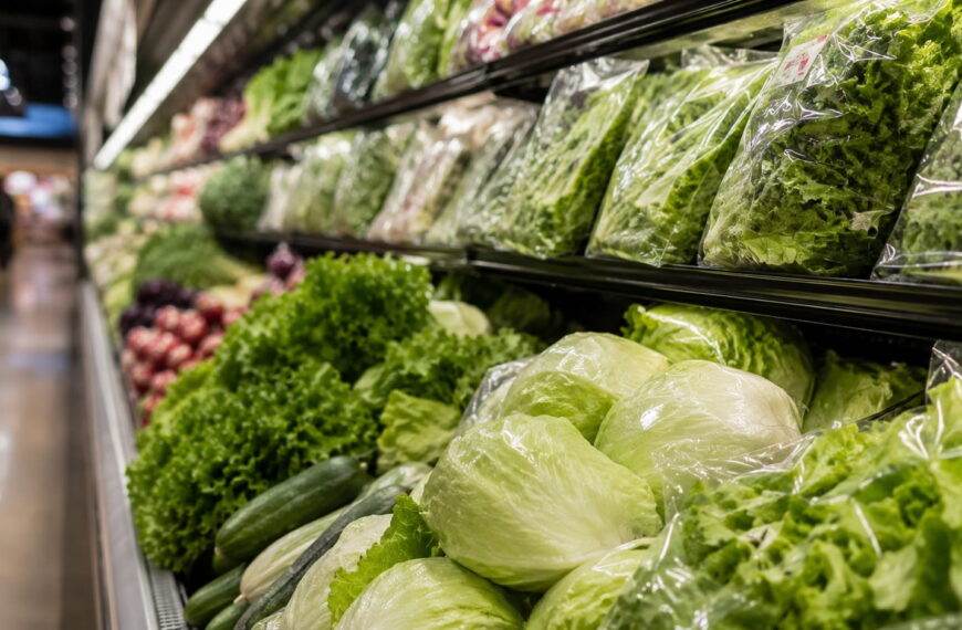 Iceberg lettuce and bagged salad greens on a grocery store shelf, the produce linked to the explosive diarrhea parasite outbreak in the US