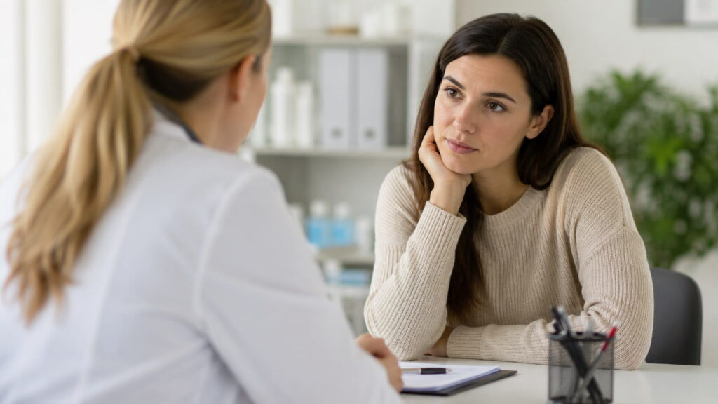 Healthcare professional discussing genetic testing for mental health medications with a patient during a consultation.