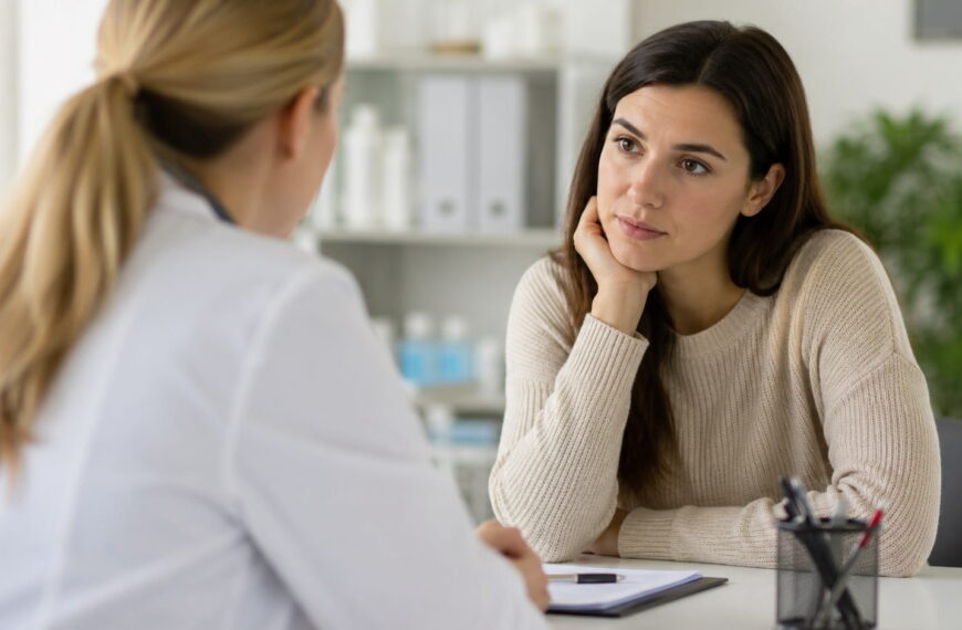 Healthcare professional discussing genetic testing for mental health medications with a patient during a consultation.