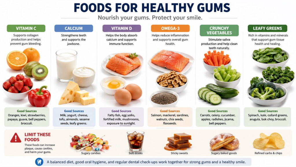 Infographic showing nutrient-rich foods that support healthy gums and strong teeth.