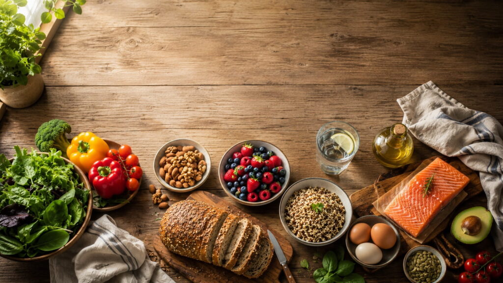 Spread of whole healthy foods including leafy greens, salmon, berries, and whole grains for a balanced diet
