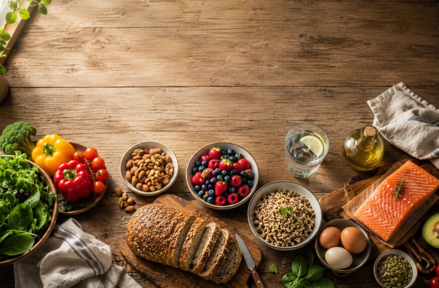 Spread of whole healthy foods including leafy greens, salmon, berries, and whole grains for a balanced diet