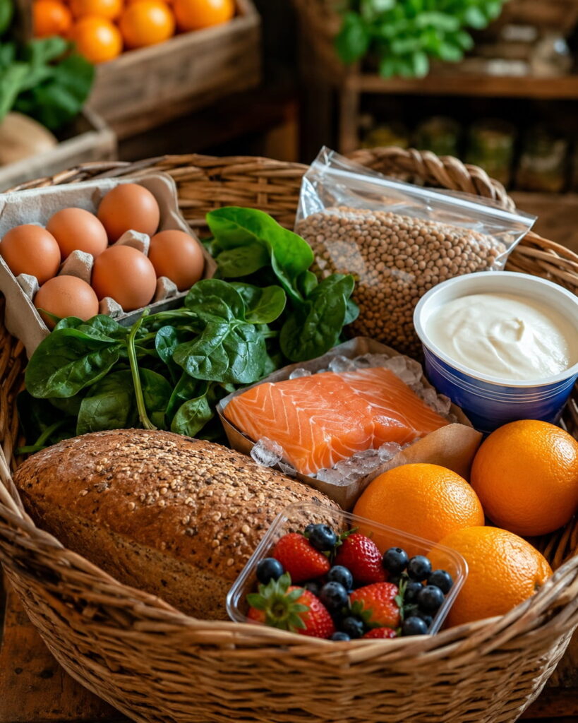 Pregnancy shopping basket filled with healthy foods including eggs, spinach, lentils, salmon, Greek yogurt, whole grain bread, oranges, and berries for prenatal nutrition.