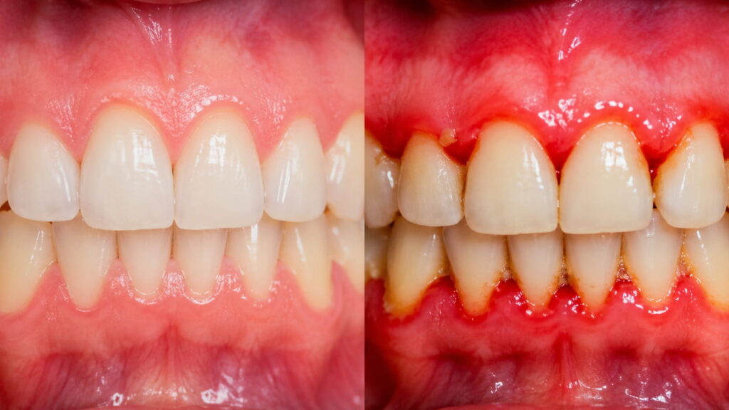 Healthy pink gums compared with red, swollen unhealthy gums showing early signs of gingivitis.