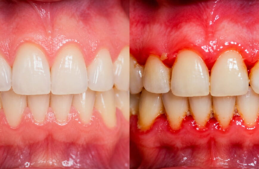 Healthy pink gums compared with red, swollen unhealthy gums showing early signs of gingivitis.