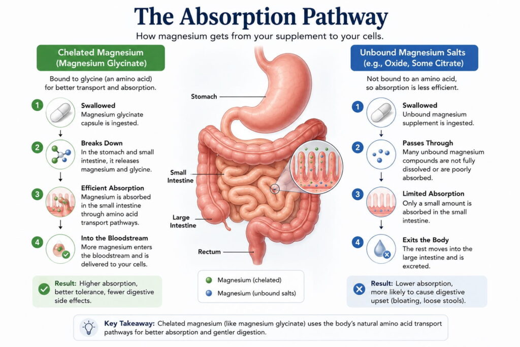 Medical diagram showing how magnesium glycinate is absorbed through the digestive tract compared with unbound magnesium salts.