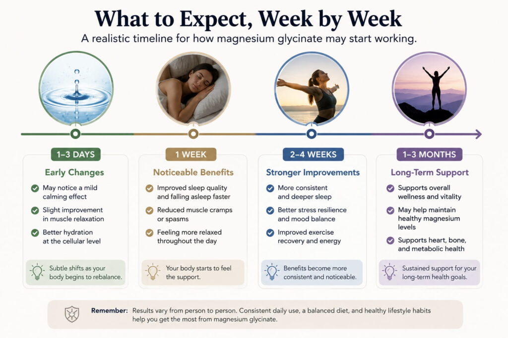 Timeline showing what to expect after taking magnesium glycinate from 1–3 days through 1–3 months.