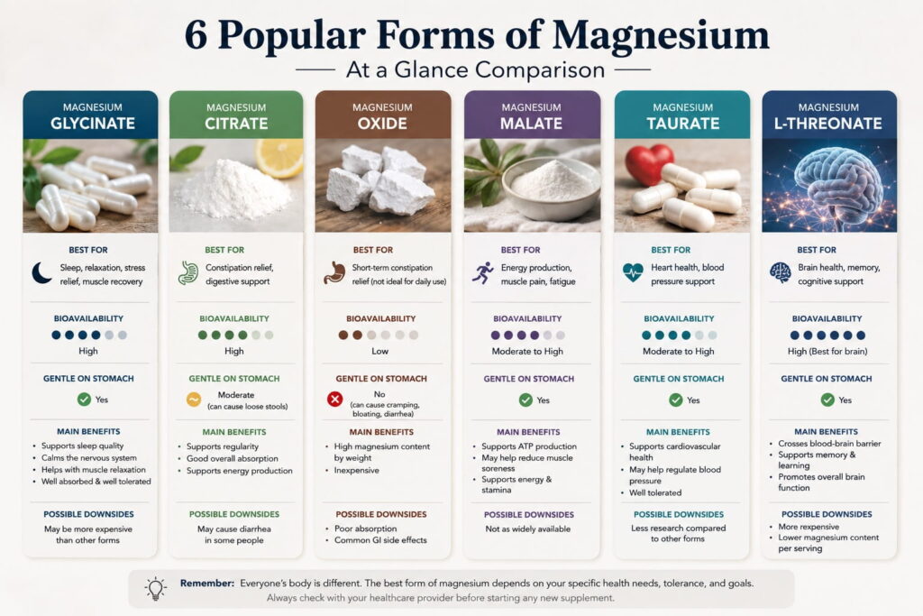 Comparison chart showing magnesium glycinate, citrate, oxide, malate, taurate, and L-threonate with their absorption, benefits, and best uses.