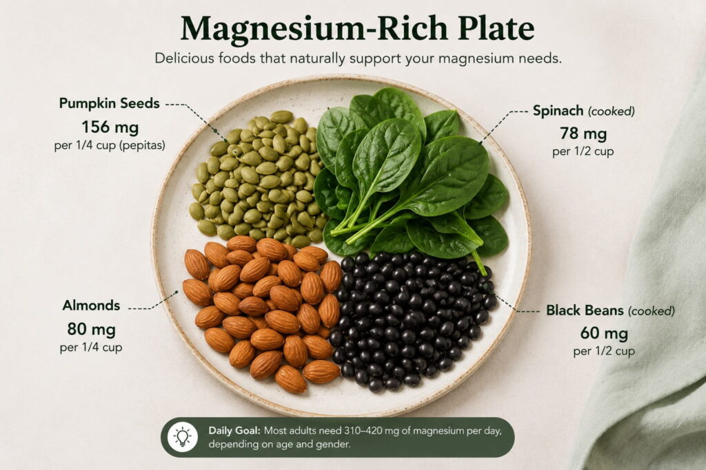 Plate of magnesium-rich foods including pumpkin seeds, spinach, almonds, and black beans with labeled magnesium values.