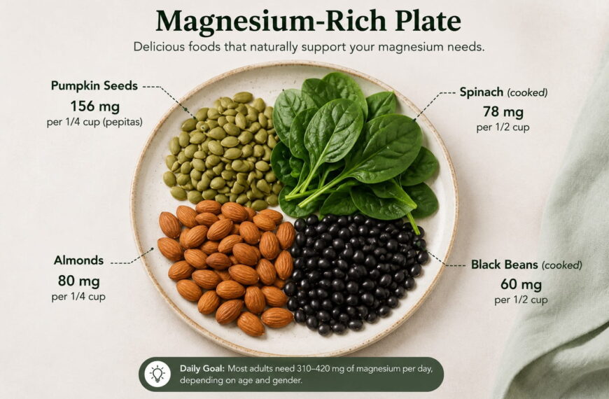 Plate of magnesium-rich foods including pumpkin seeds, spinach, almonds, and black beans with labeled magnesium values.