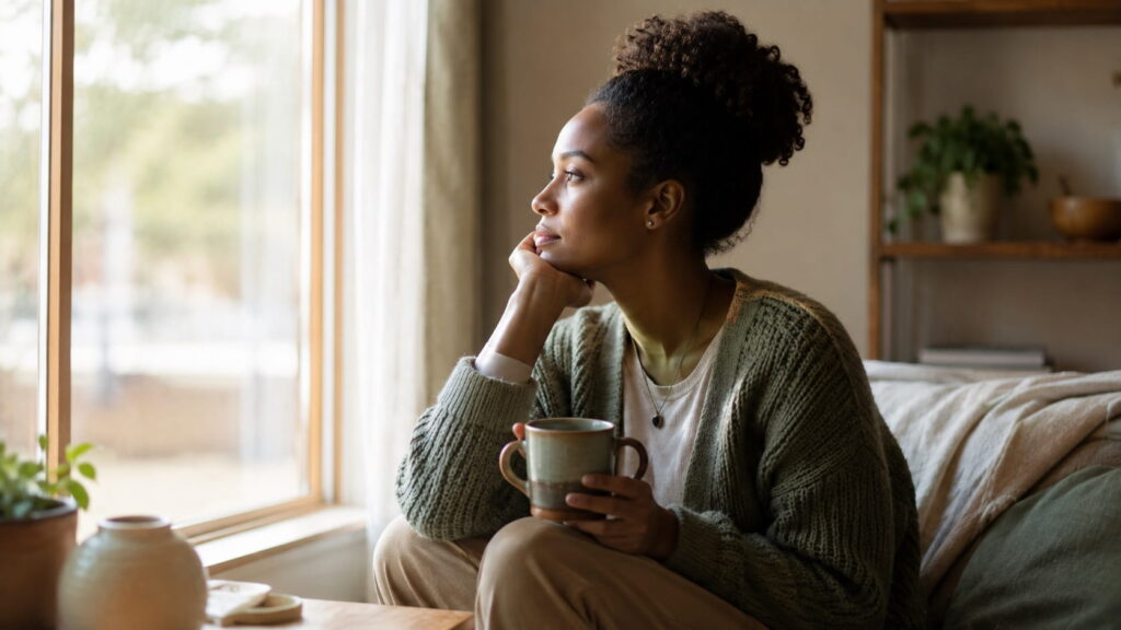 Woman sitting calmly by a window with a cup of tea, reflecting during mental breakdown recovery