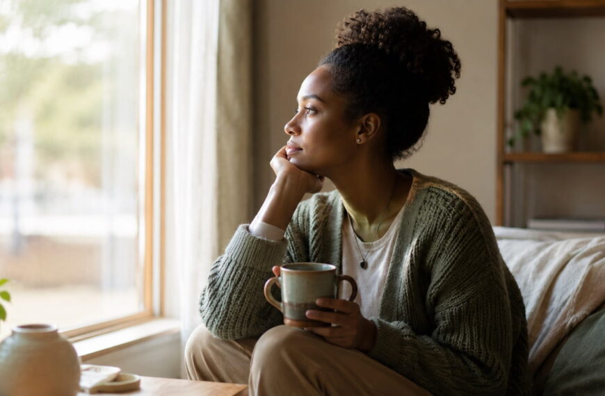 Woman sitting calmly by a window with a cup of tea, reflecting during mental breakdown recovery