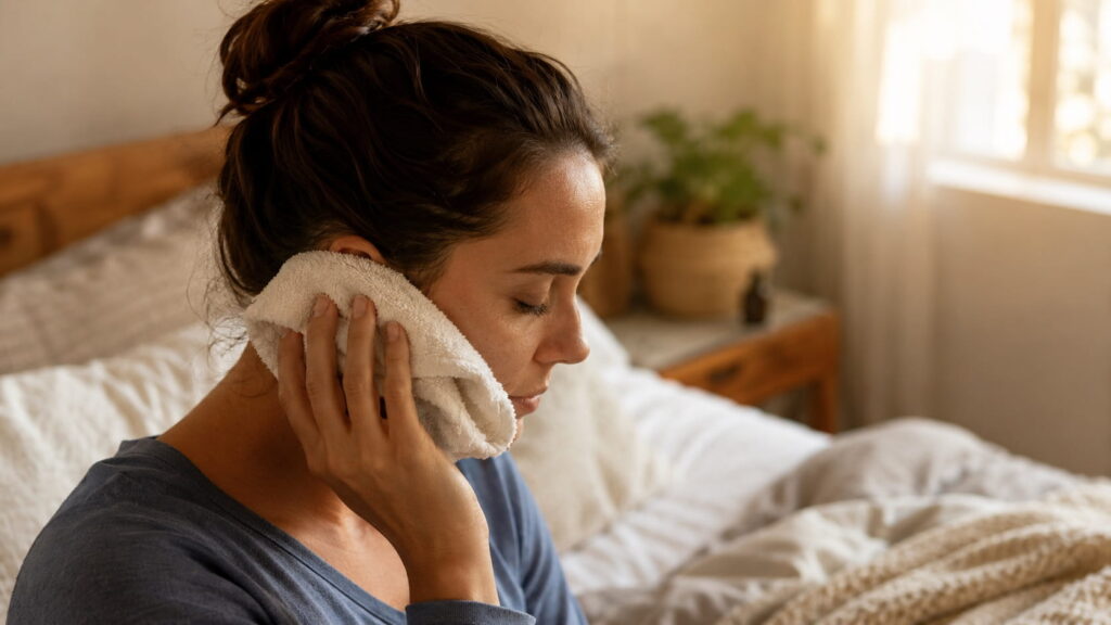 Woman holding a warm compress against her ear to relieve natural ear infection pain at home