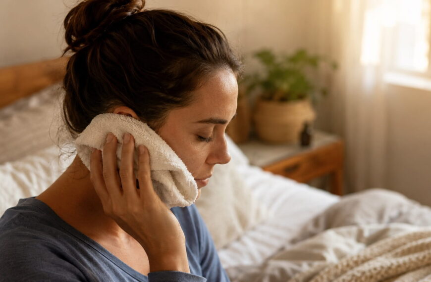 Woman holding a warm compress against her ear to relieve natural ear infection pain at home