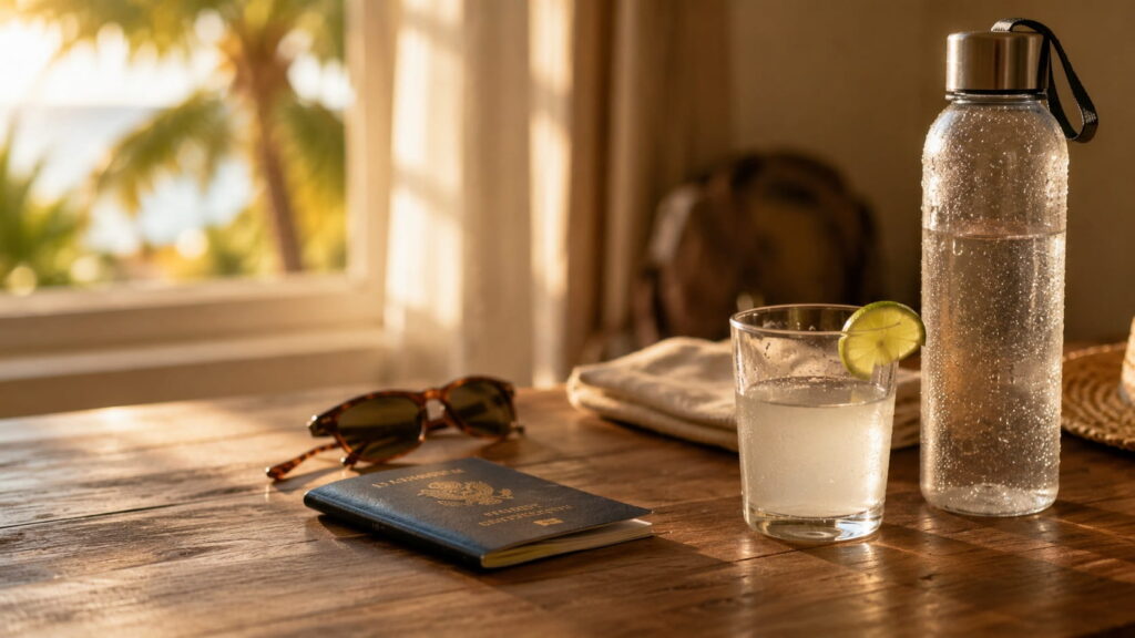 Passport, sunglasses, and electrolyte drink on a table with a tropical window view, representing recovery from parasite from Mexico symptoms after travel