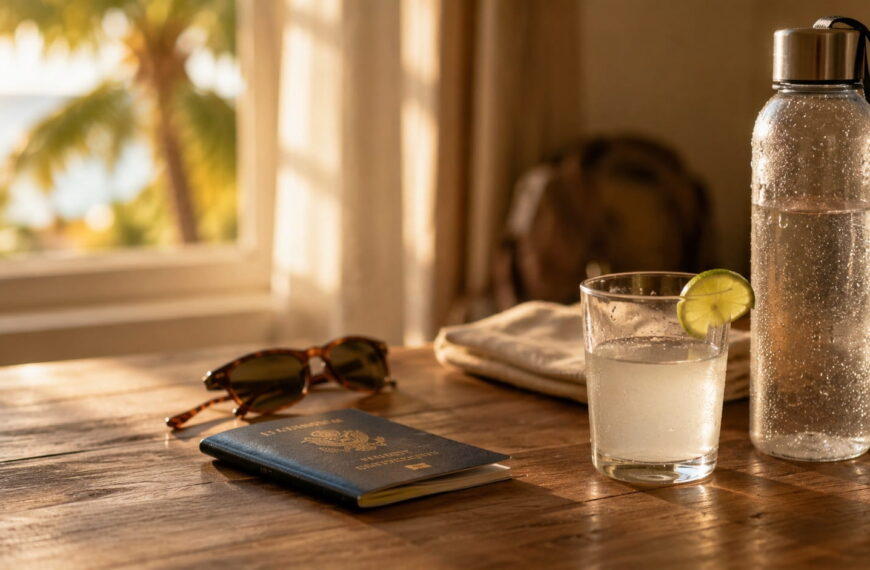 Passport, sunglasses, and electrolyte drink on a table with a tropical window view, representing recovery from parasite from Mexico symptoms after travel
