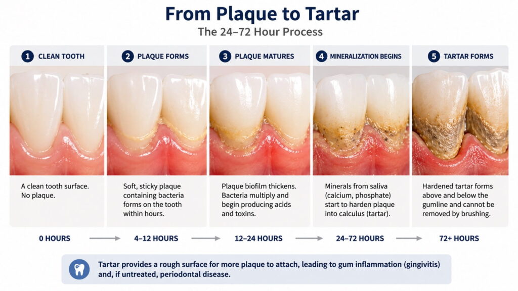 Diagram showing how dental plaque mineralizes into hardened tartar over time.