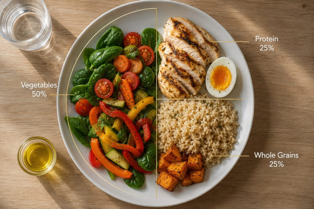 Plate method diagram showing 50 percent vegetables, 25 percent protein, and 25 percent whole grains