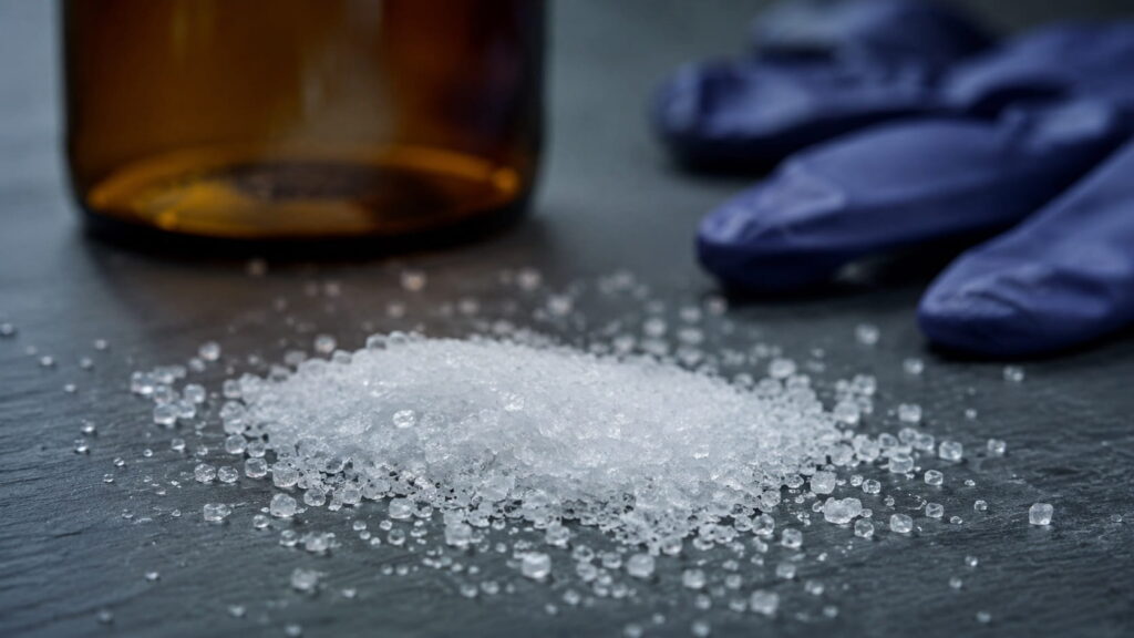 Representative laboratory image of white crystalline chemical granules on a dark surface with a blurred reagent bottle and gloves, illustrating potassium cyanide poisoning symptoms and industrial safety.