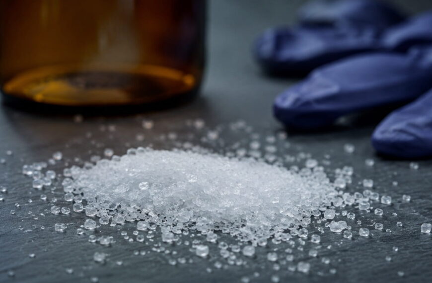 Representative laboratory image of white crystalline chemical granules on a dark surface with a blurred reagent bottle and gloves, illustrating potassium cyanide poisoning symptoms and industrial safety.