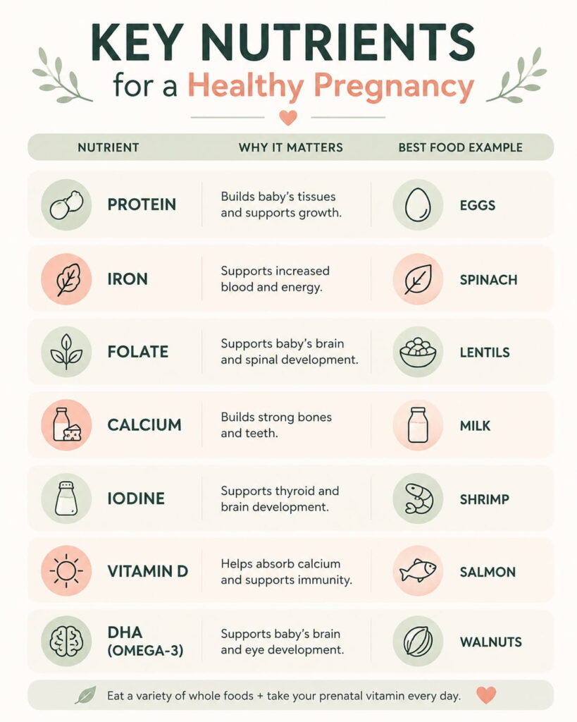 Pregnancy nutrients infographic showing protein, iron, folate, calcium, iodine, vitamin D, and DHA food sources