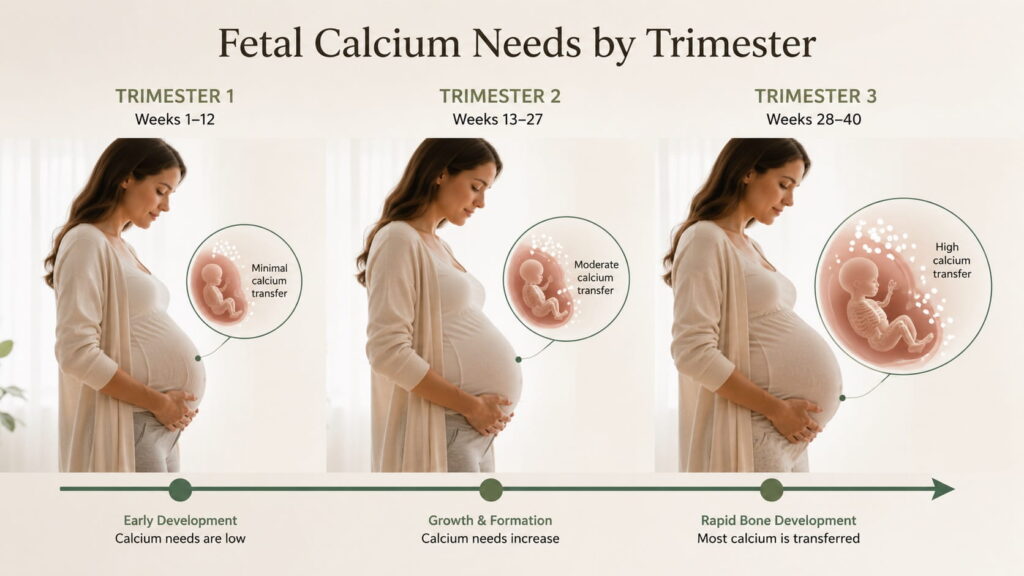 Timeline showing how a baby's calcium needs increase from the first to the third trimester of pregnancy.