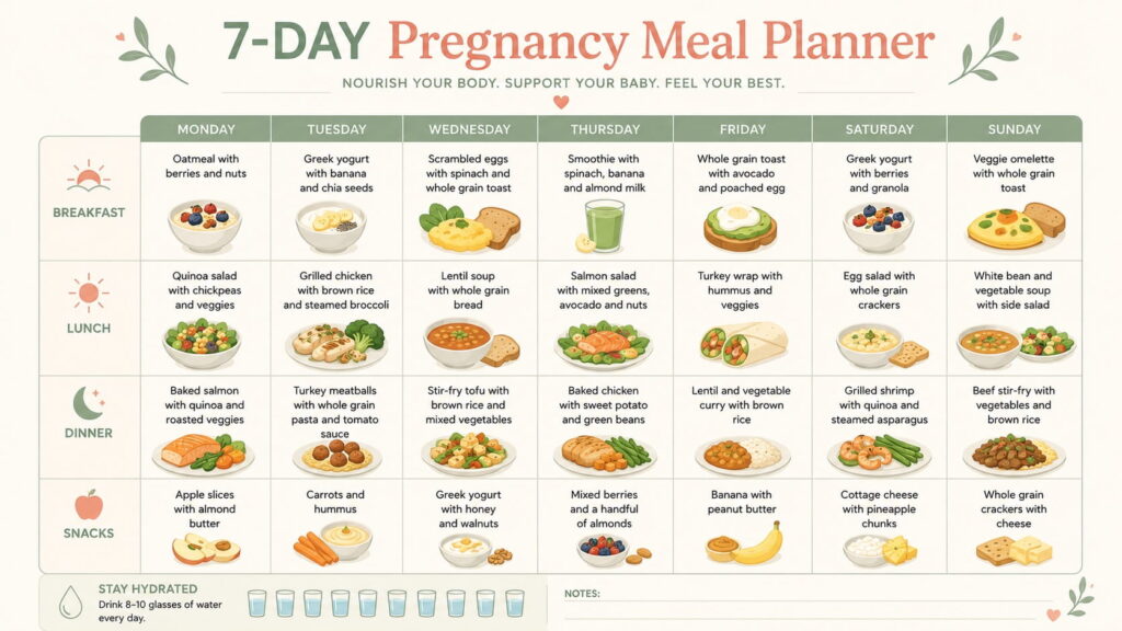 Printable weekly pregnancy meal planner with breakfast, lunch, dinner, and healthy snack ideas