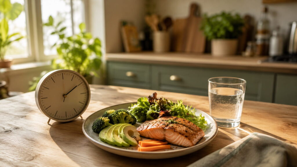 Healthy salmon and vegetable plate with clock on kitchen table, representing restricted eating hours and brain health