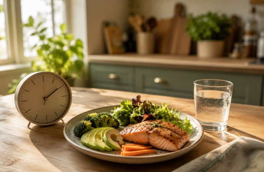 Healthy salmon and vegetable plate with clock on kitchen table, representing restricted eating hours and brain health