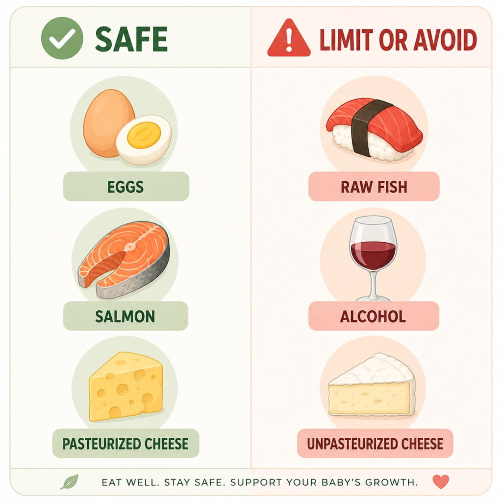 Pregnancy food safety infographic comparing safe foods with foods to limit or avoid during pregnancy