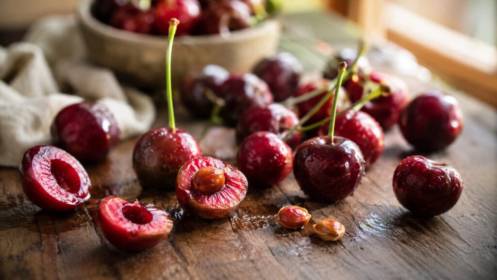 Fresh ripe cherries with several cherry pits on a rustic wooden table illustrating symptoms of cyanide poisoning from cherry pits and safe cherry pit handling.