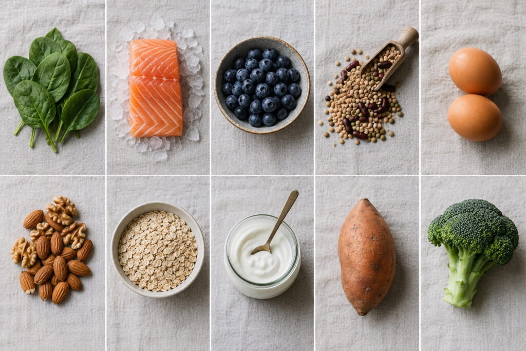 Grid of top 10 healthy foods including spinach, salmon, blueberries, eggs, and almonds